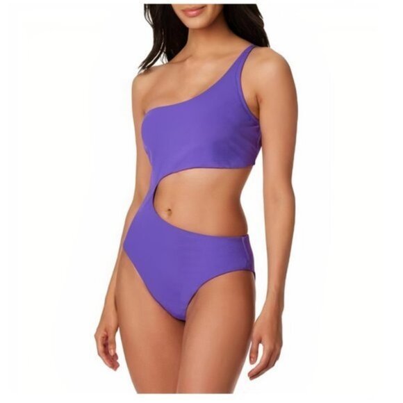 Bar III  Purple Micro Rib One-Shoulder Cutout One-Piece Swimsuit Size Medium - Picture 3 of 10